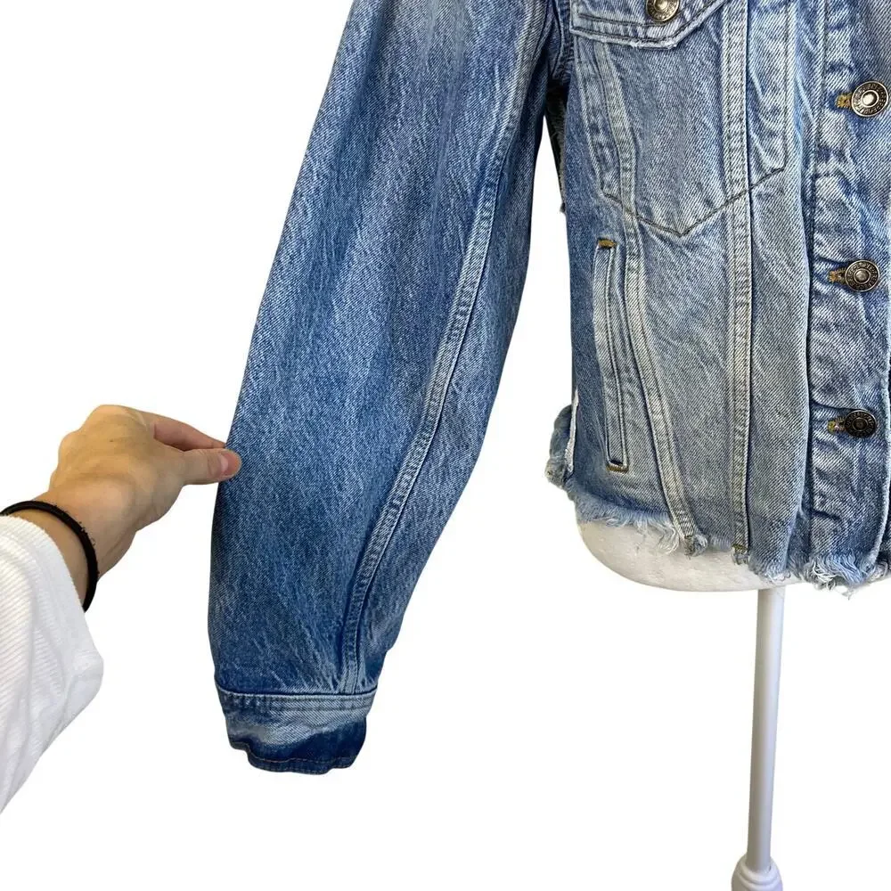 FP We The Free Sz S Indira Raw Hem Cropped Denim Jacket Retro Streetwear Casual